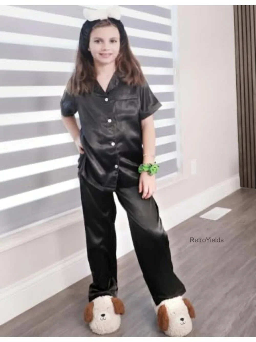 Girls 2 Piece Satin Silk Pajama Set Button Down Short Sleeve Sleepwear Lounge